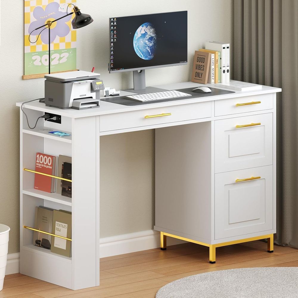 Office Furniture Outlet - Mesa Branca com Gavetas, Escrivaninha Pequena
